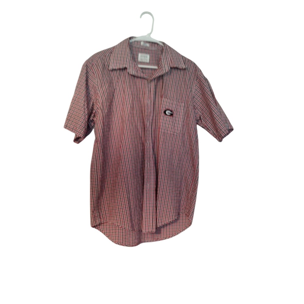 UGA Georgia Bulldogs Red Black Checkered Short Sleeve Button Down Large